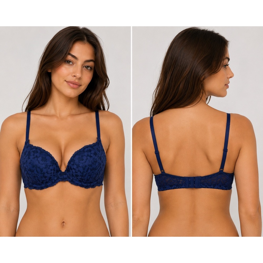 Victoria's Secret PINK Date Push-Up Bra Womens 34D Navy Blue Lace Underwire
